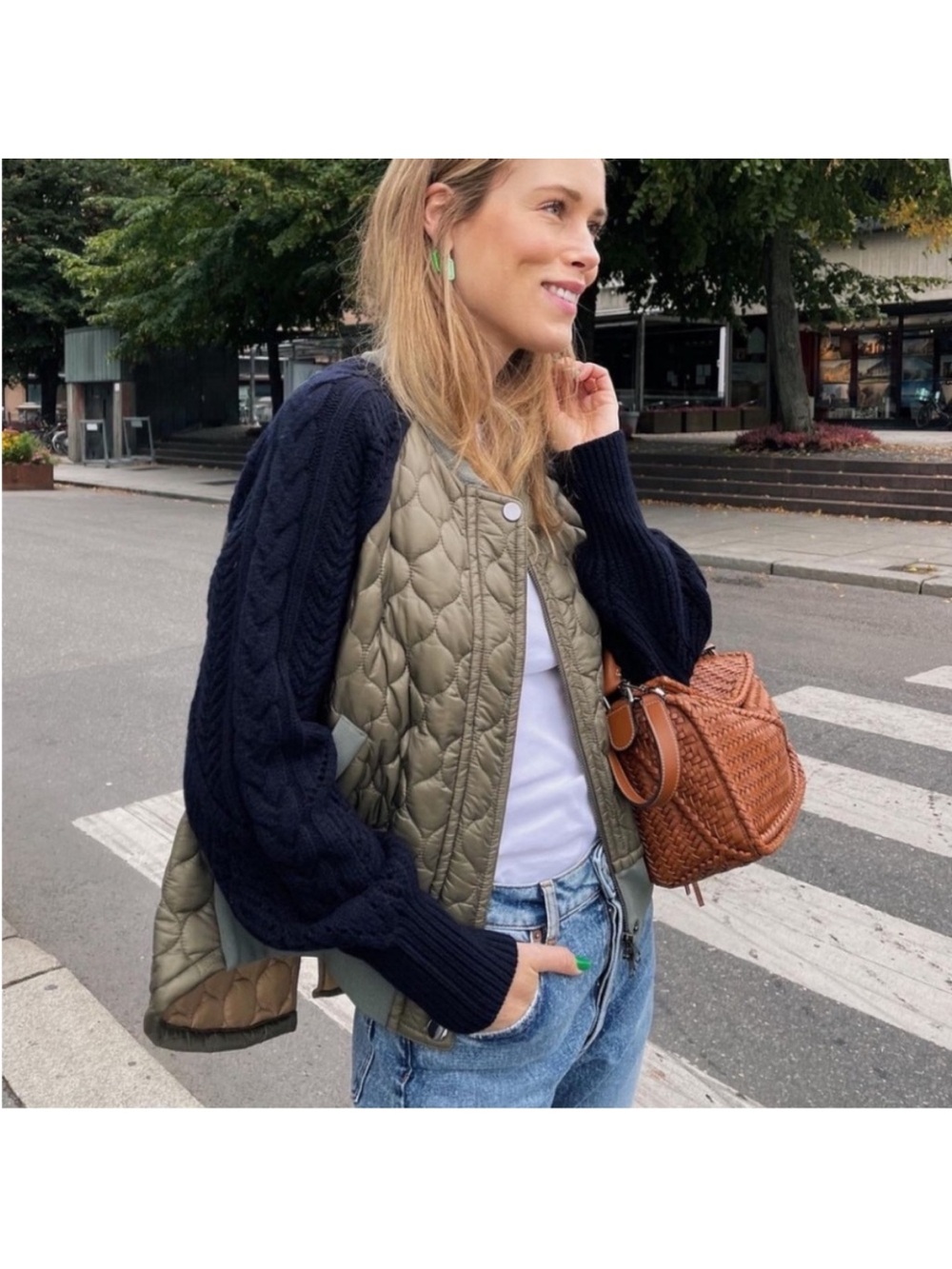 Veronica Beard Olive Ribbed Collar with Tan Quilted Body Jacket